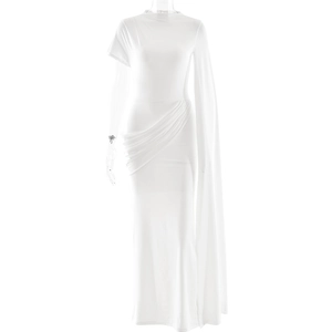 Detail view of white maxi dress featuring pleated waist and elegant asymmetric flowing sleeve