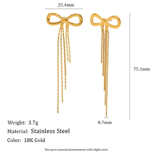 Stainless steel 18K gold bowknot earrings with zircon tassels and size measurements