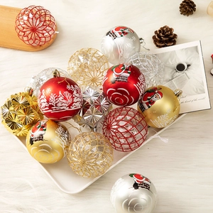8cm Christmas ball ornaments set with hand-painted Santa Claus and metallic mesh designs