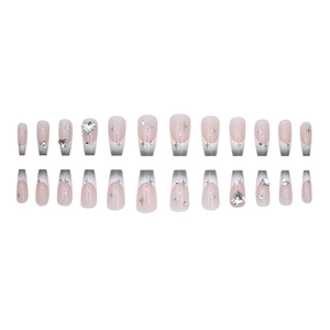 Long coffin gradient nails in grey and pink with silver stars and heart rhinestones