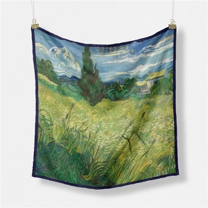 Detail of 53cm silk scarf featuring Van Gogh Wheat Field with Cypresses art pattern