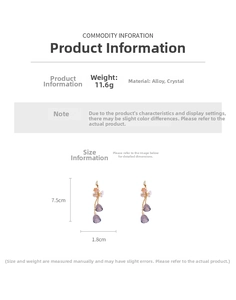 Detail view of purple crystal flower tassel earrings with gold alloy and dimensions