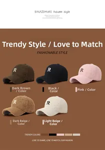Detail showing five colors of plush teddy fabric baseball caps with R letter embroidery