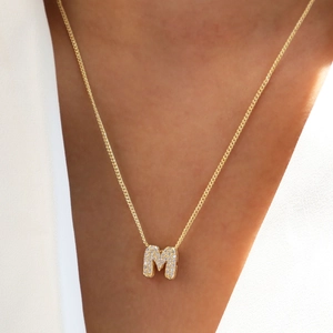 18K gold-plated 3D bubble letter M pendant necklace with sparkling cubic zirconia gems