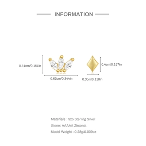 Diagramma dettagliato degli orecchini a corona e diamante in argento sterling 925