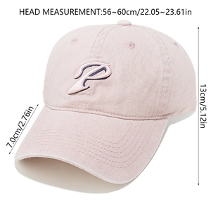 Detail view of pink washed cotton baseball cap with embroidered P logo and dimensions