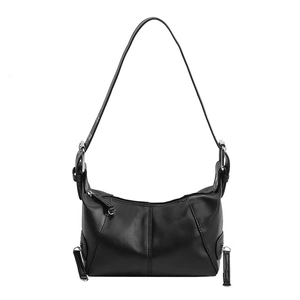 Minimalist black leather underarm bag with zipper closure and adjustable shoulder strap