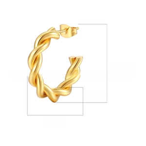 Detailed view of twisted gold-colored hoop earrings showing 25mm diameter and 4.5mm thickness