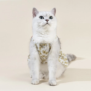 Detail of floral pet summer dress with yellow patterns on white cat model