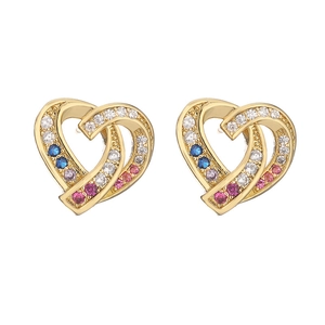 Gold-plated heart stud earrings with colorful inset crystals on a clean white background