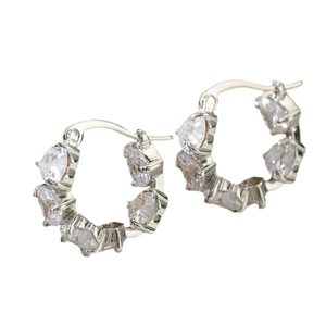 Elegant silver heart-shaped zircon hoop earrings for women with sparkling stones
