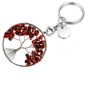 Detailed shot of Tree of Life keychain with red natural stones and silver wire wrapping