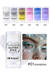 Detailed palette of six glitter sticks for face body and hair with model application view