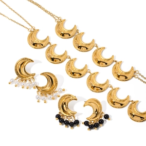 18k gold plated moon pendant necklaces and earrings set with pearl and black crystal