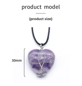 Detailed view of amethyst tree of life heart pendant with 30mm height dimension