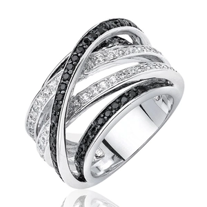 Anillo multicapa cruzado de plata con pavé de piedras blancas y negras de moda