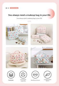 Detailed views of floral quilted makeup bags with ribbons and large capacity features