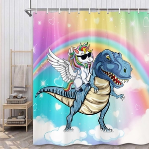 Polyester shower curtain detail featuring a funny unicorn riding a T-Rex under a rainbow