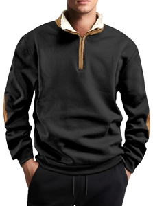 Detail of men's quarter-zip sweatshirt with brown elbow patches and fleece-lined collar