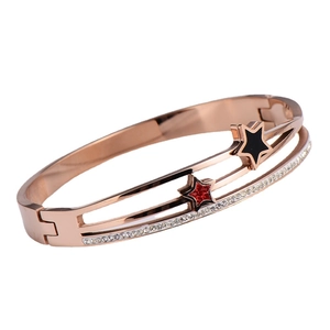 Elegant rose gold star bangle with crystals and hollow double layer design for women