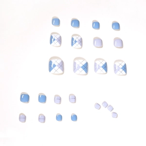 Morandi blue and white press-on toenails with argyle patterns and glitter accents