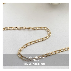 Detailed macro view of high-shine gold metal oval link chain strap for handbags