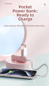 Pink 3-in-1 portable folding fan showing integrated power bank charging a smartphone