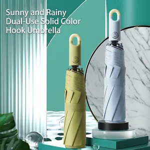 Automatic Folding Umbrella With Ring Hook Grip Vinyl Coated UV Protection Windproof Rain Sun Dual Use Portable Business