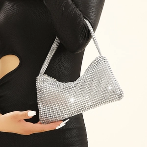 Elegant silver rhinestone mini underarm bag shown with black snakeskin texture dress