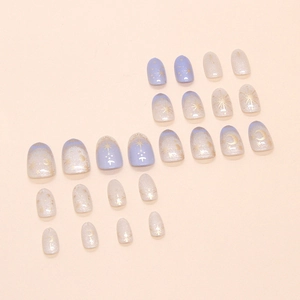 Starry sky press-on nails set with purple glitter, gold moon and star patterns