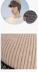 Close-up of khaki knit baseball cap fabric texture and ear flap design details