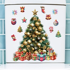 Detailed Christmas tree wall sticker with gift boxes and ornaments on white background