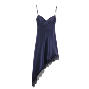 Damen Satin Spitze Asymmetrisches Kleid Spaghettiträger V-Ausschnitt Rückenfrei Überkreuzte Schnürung Elegant Abendkleid