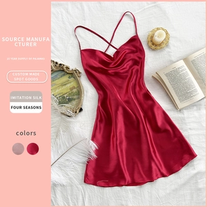Women Satin Nightgown Cowl Neck Imitation Satin Sleepwear Sexy Cross Backless Mini Sleep Dress