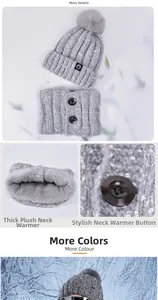 Detail of gray winter knit hat with pom-pom and fleece-lined neck warmer with buttons