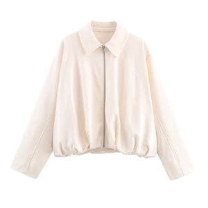 Women's cream white bomber jacket with collar and zip closure in short loose silhouette