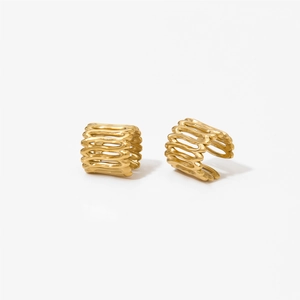 Golden 316 stainless steel ear cuffs with minimalist multi-layer wavy geometric design
