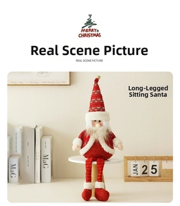 Detail of seated long-legged Christmas gnome doll with knitted hat and metal bell