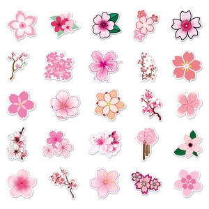 Detail of 25 pink cherry blossom stickers with watercolor and cartoon floral patterns
