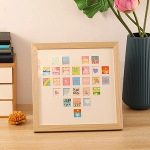 Artistic heart-shaped collage photo frame with 27-grid oil painting in wooden frame