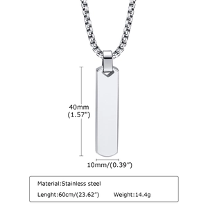 Detailed size chart showing silver stainless steel rectangle pendant dimensions and weight