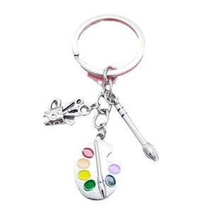 Artistic keychain with miniature silver palette, colorful brush and easel charms