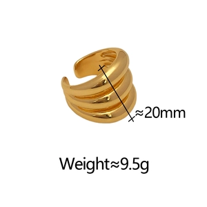 Three-layer geometric gold-plated open ring showing 20mm height and 9.5g weight details