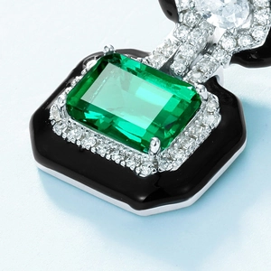S925 silver emerald cut green stone stud earrings with black enamel and diamonds