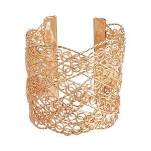 Retro gold mesh layered woven open cuff bracelet with metallic texture for women