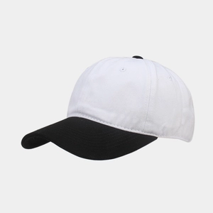 Detail view of cotton two-tone baseball cap featuring white crown and black visor