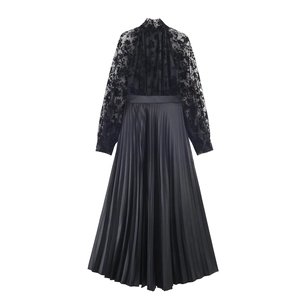 Elegant black lace patchwork maxi dress with long sleeves and pleated skirt back view