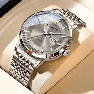 Montre homme en acier inoxydable argenté avec cadran gris soleil et affichage jour-date