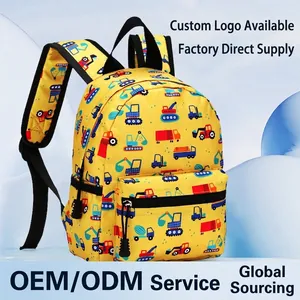 Yellow cartoon backpack for kids featuring colorful construction truck prints and black zippers