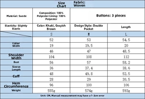 Tableau des tailles détaillé pour veste en daim avec dimensions et tissus précis